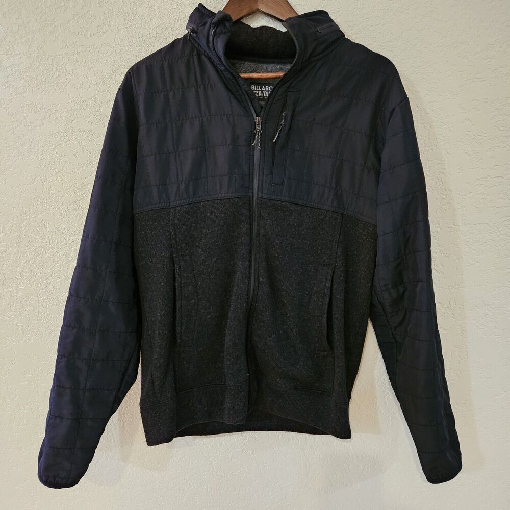 Billabong Boundary Zip Black Hooded Jacket Quilted Fleece Mens Small